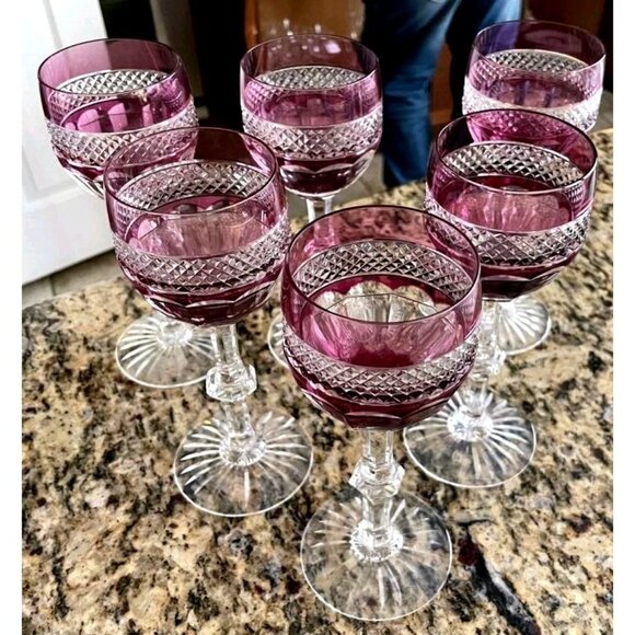 6 ST LOUIS TRIANON AMETHYST PURPLE SIGNED HOCK WINE 7 1/8" TALL CUT CROSS HATCH - Picture 3 of 11